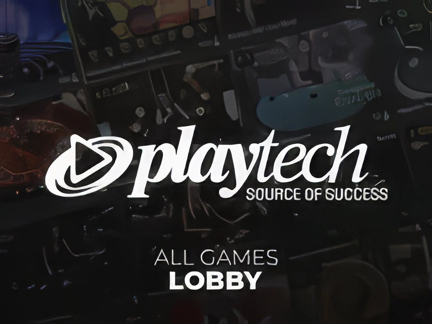 Логотоип игрового провайдер Playtech на фоне каталога его игр